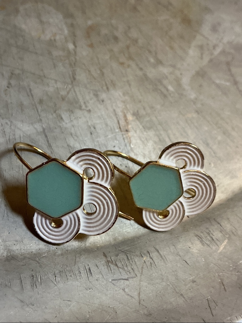 Gold-Tone Floral Drop Earrings with Mint Hex Center enamel